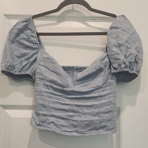 Reformation Blue Puff Sleeve Crop Blouse